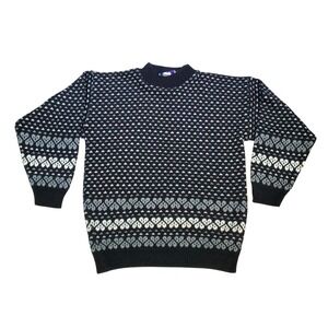 American Pride Black Fair Isle Knit Sweater Large Mock Neck USA Made 80s 90s